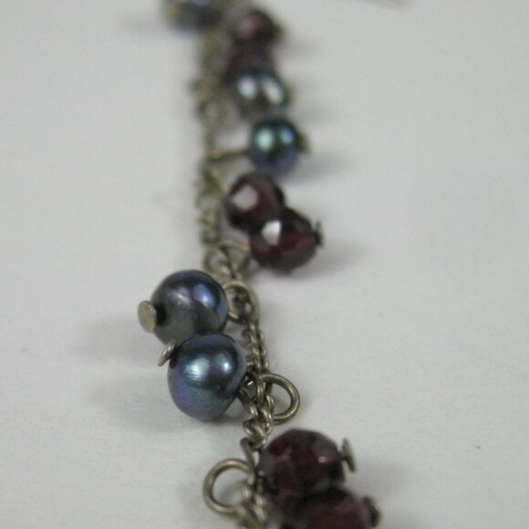 Long Dangling Earrings Garnet Faceted Stone Beads Pearls Silver Chain Dangle - Picture 4 of 9